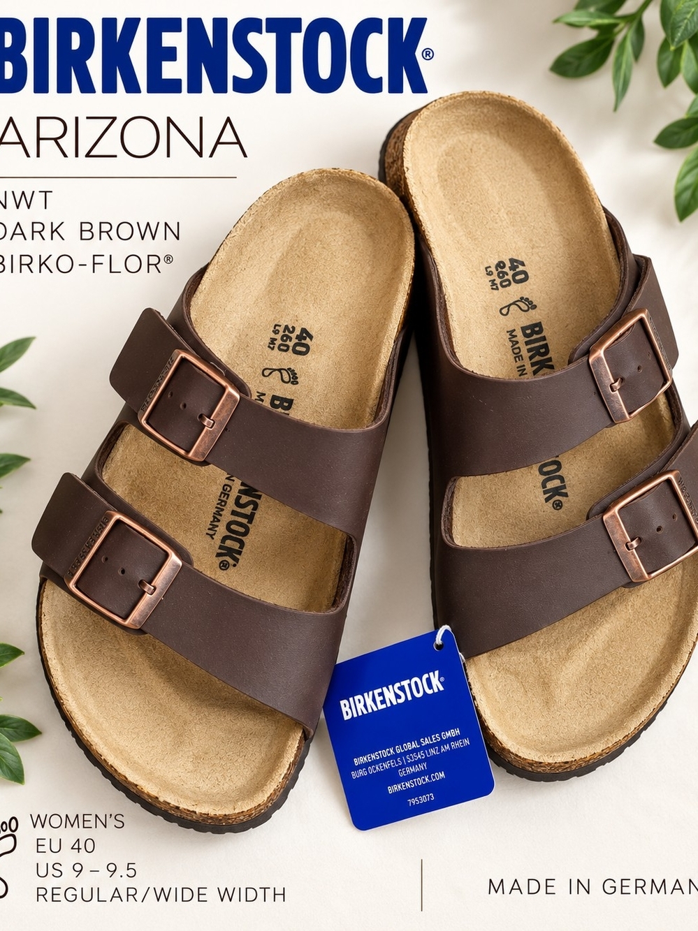 NWT Birkenstock Arizona Dark Brown Sandals EU 40 M 7-7.5 W 9-9.5
